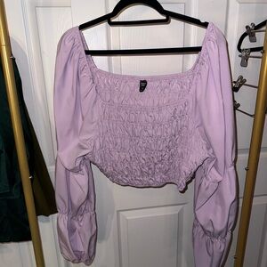 Lavender Smocked Square-Neck Puff Sleeve Crop Top